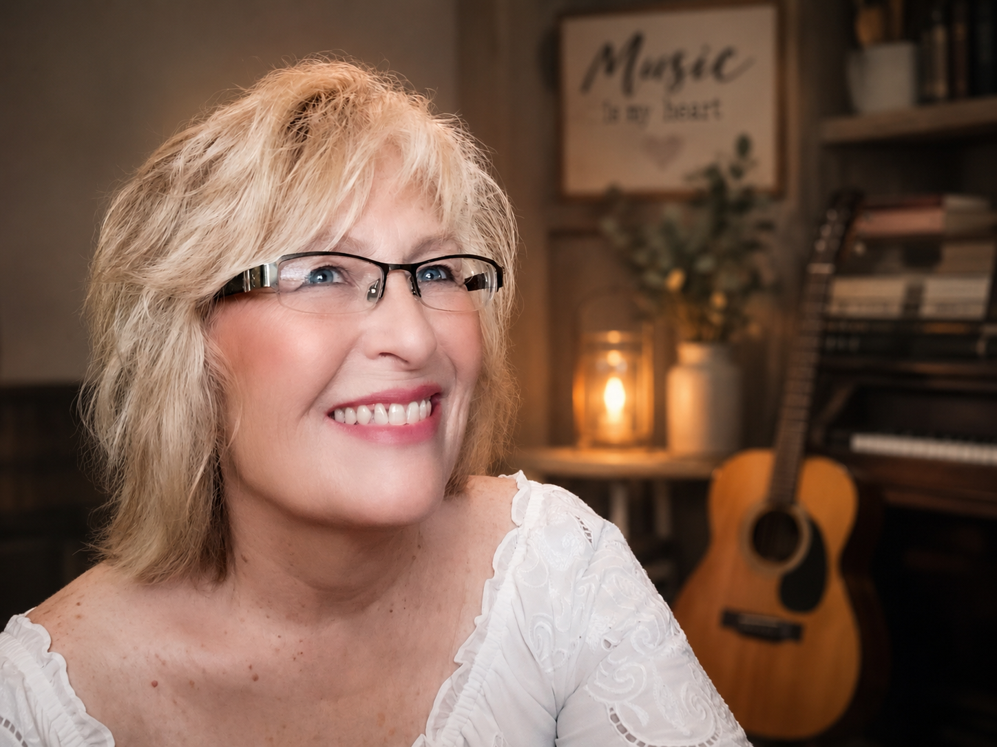Misti Flowers, singer-songwriter, in study with glowing candle and guitar in background.