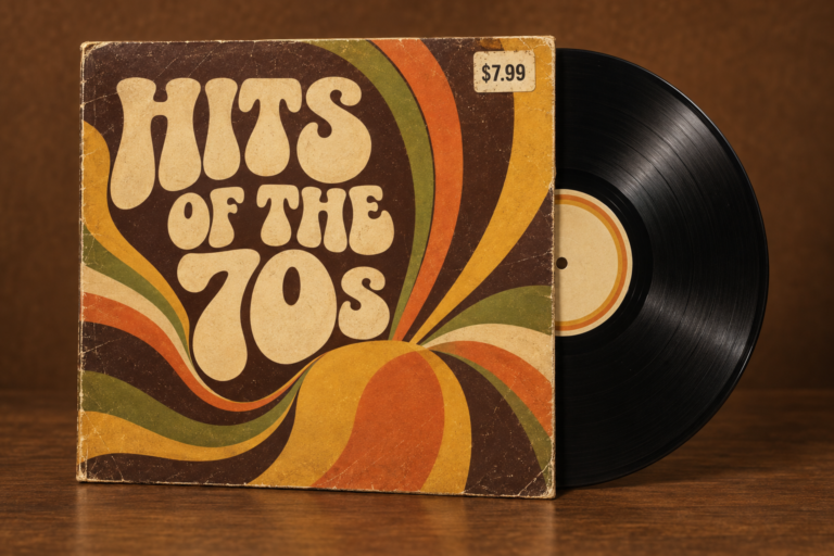 Retro Hits of the 70s album with a $7.99 price tag and vinyl record partially removed from its sleeve
